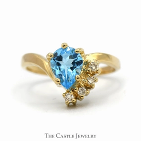 Pear Cut Blue Topaz Ring with Diamond Accents in 14k Yellow Gold Personal Present