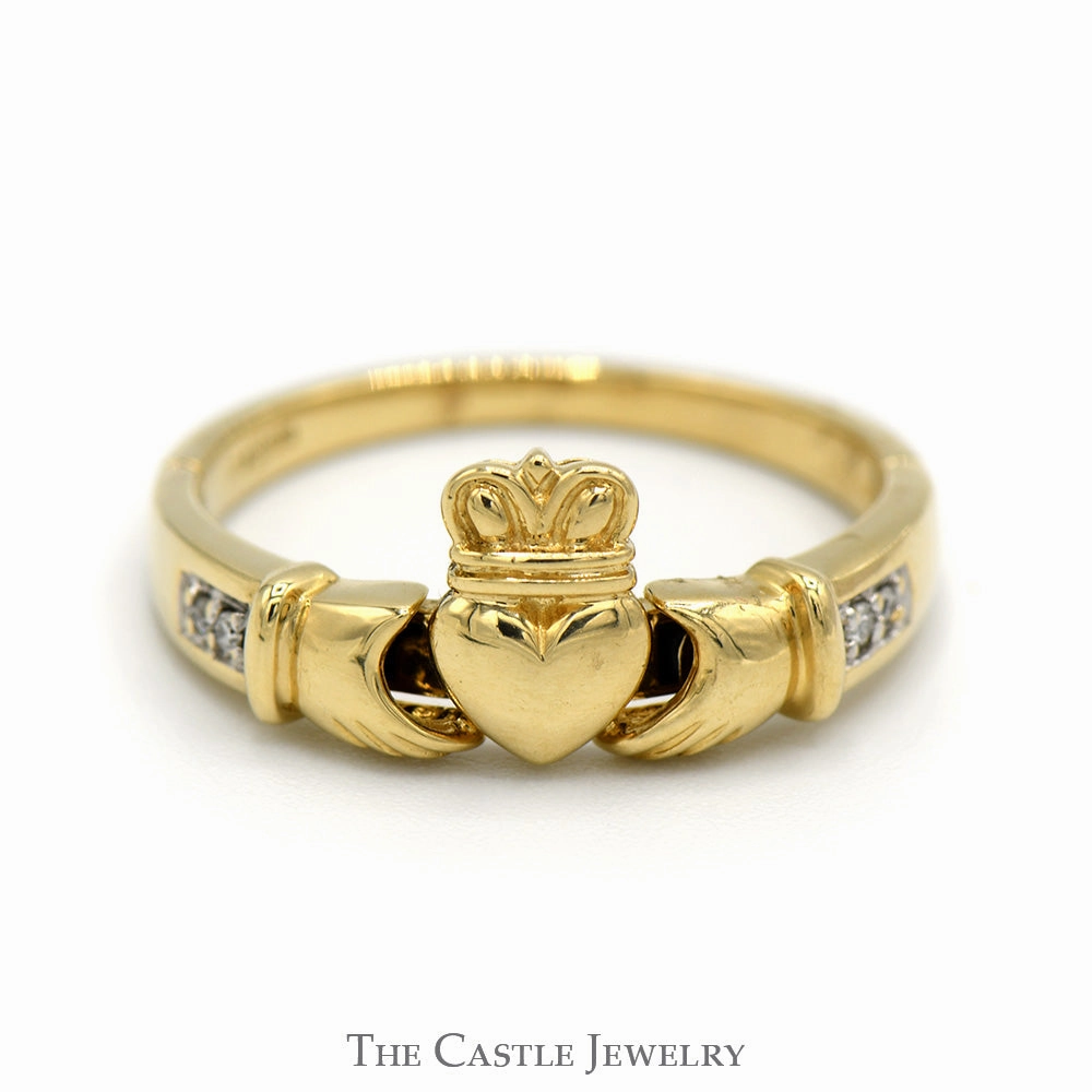 Diamond Accented Claddagh Wedding Band in 14k Yellow Gold Balanced Motion Crisp Look