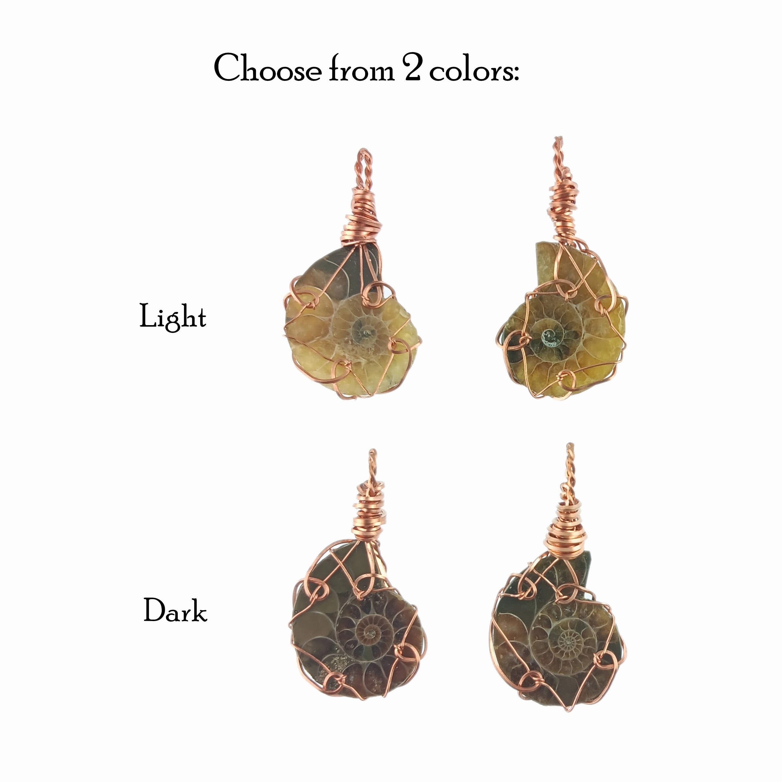 Date Style Concert Style Ammonite Spiral Shell Fossil Pendant Necklace, Copper Wire-Wrapped, Handmade