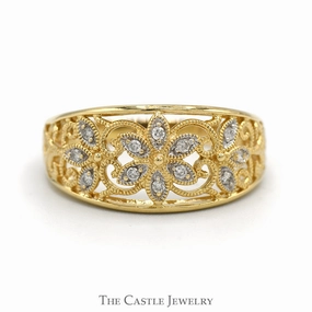 Lightweight Craft Flower Designed Diamond Cluster Band with Open Filigree Sides in 14k Yellow Gold