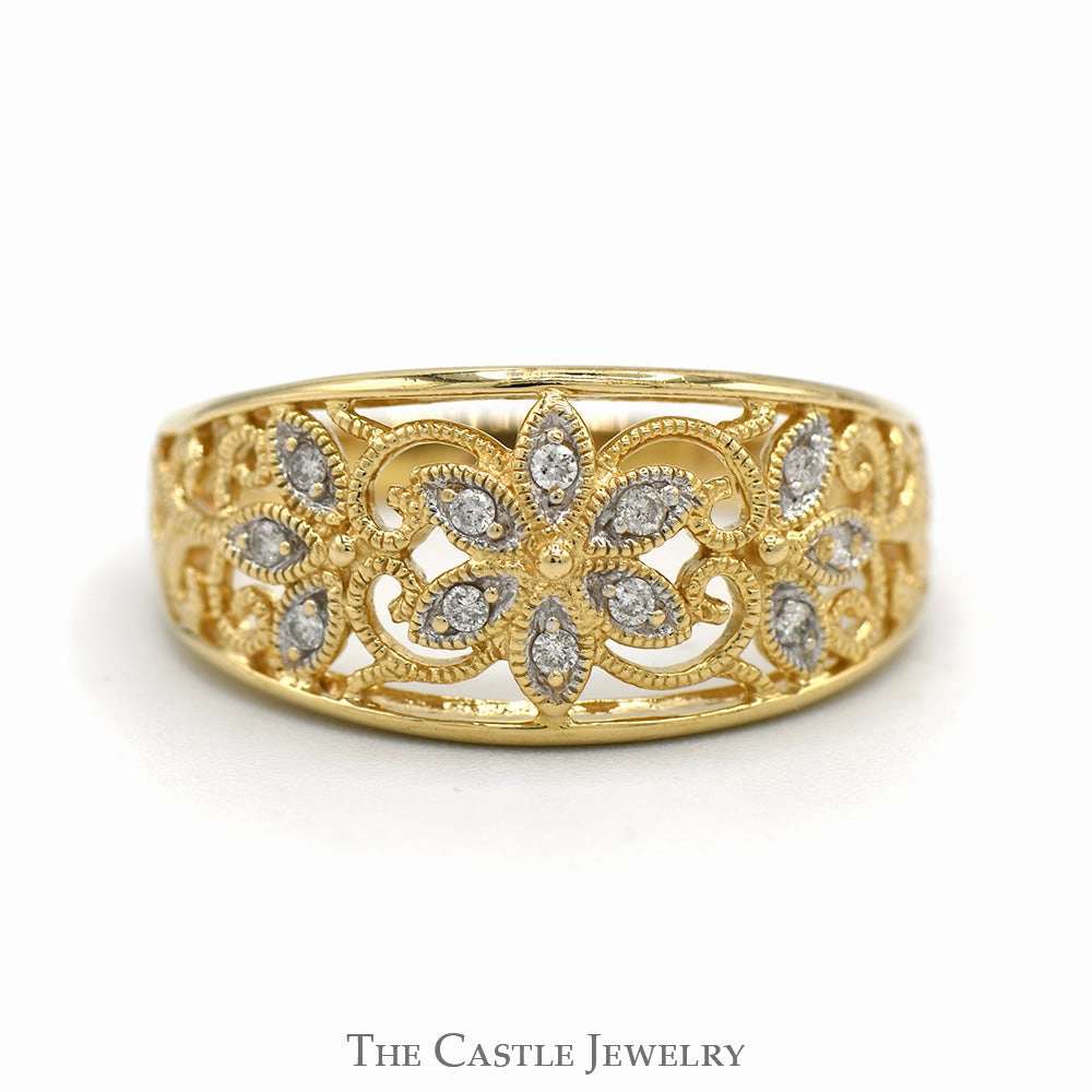 Lightweight Craft Flower Designed Diamond Cluster Band with Open Filigree Sides in 14k Yellow Gold