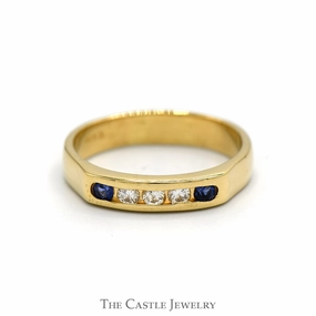 Channel Set Sapphire & Diamond Wedding Band in 14k Yellow Gold Creative Token Gift Ready Style