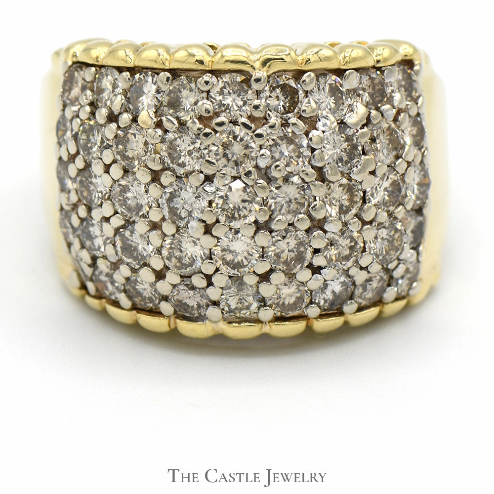 5 Row Domed Diamond Cluster Ring with Scalloped Cathedral Mounting in 14k Yellow Gold Easy Look