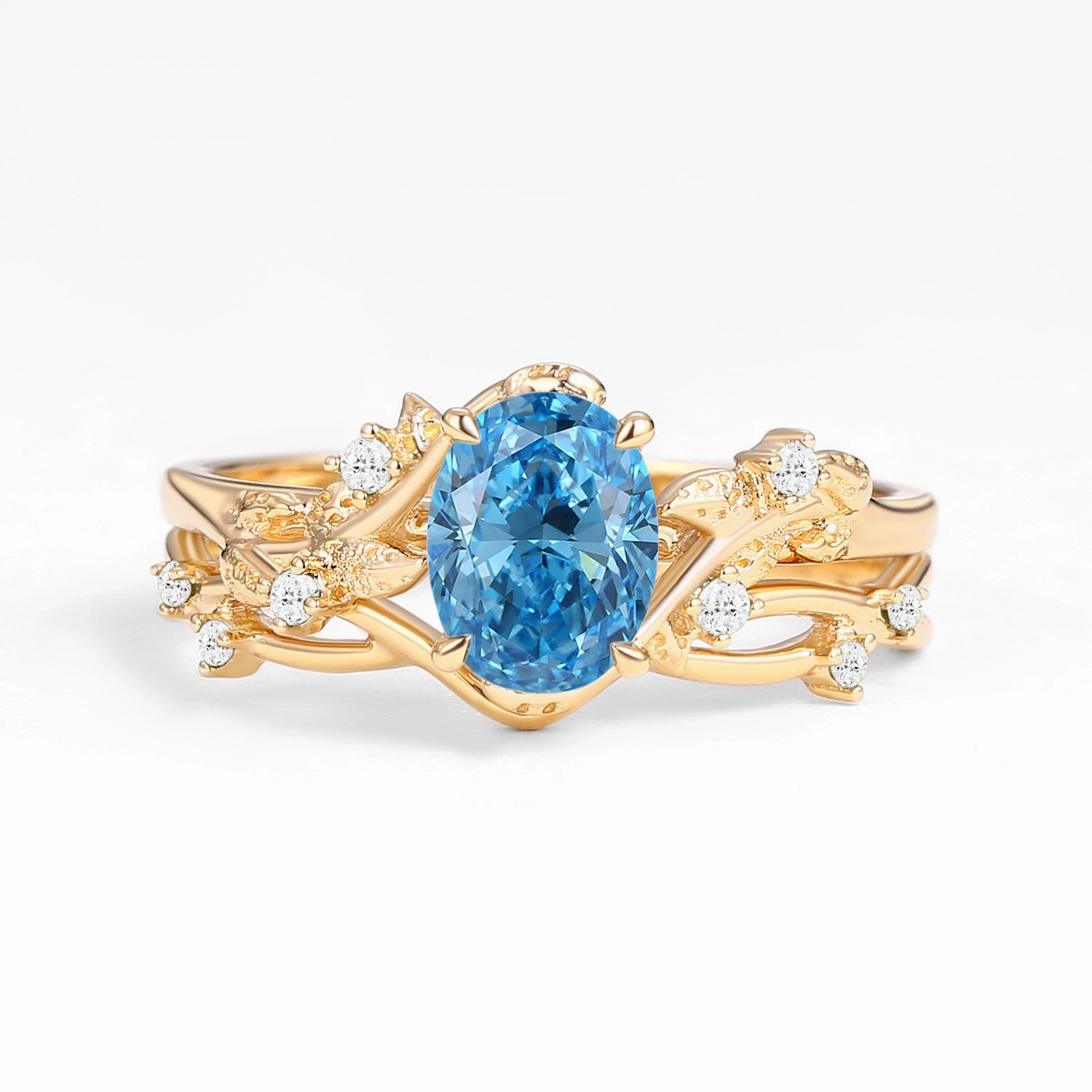 Gloss Mode Effortless Glimmer Nature Inspired - Oval Cut Blue Lab Grown Diamond Leafy Gold Ring Set 2pcs - Mossy