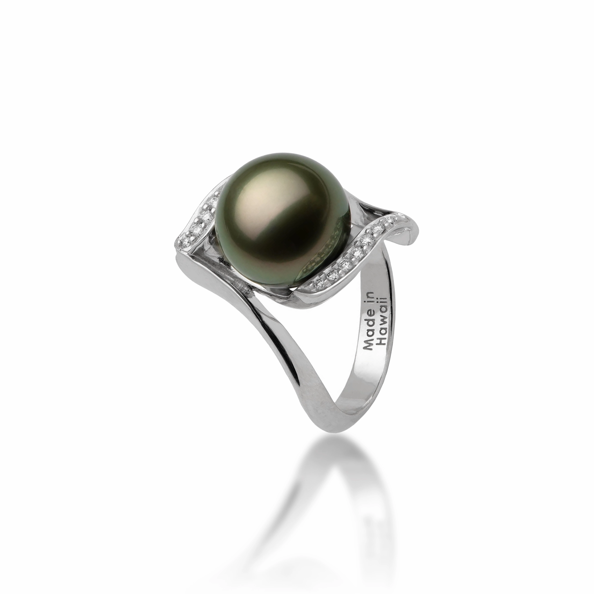 Tahitian Black Pearl Ring in White Gold with Diamonds - 11-12mm Flawless Finish Minimal Aesthetic