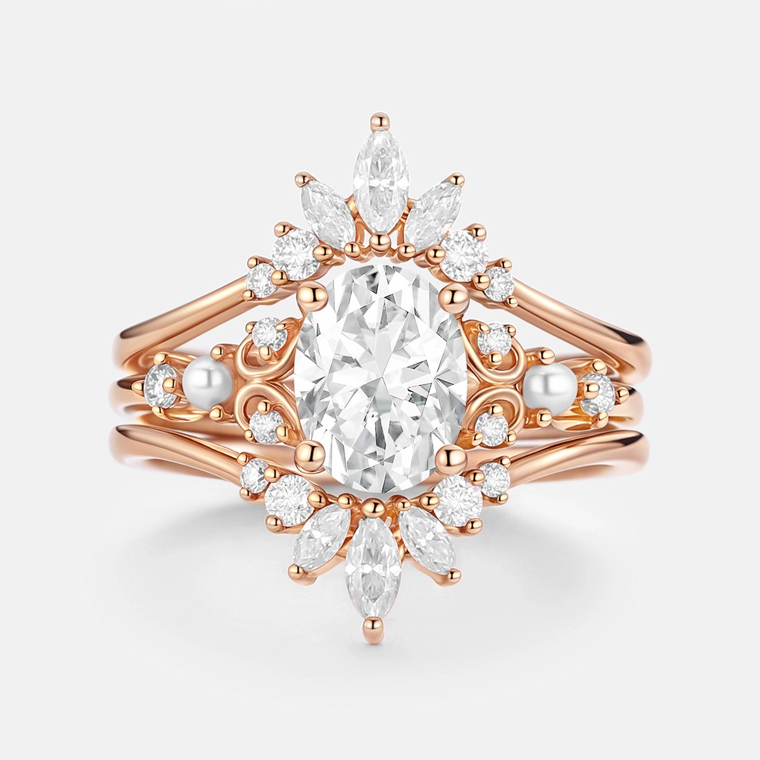 Radiant Gifts Expressive Feature Unique Oval Cut Moissanite Engagement Ring Set 2pcs - Raye