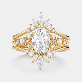 Unique Oval Cut Moissanite Engagement Ring Set 2pcs - Raye Outdoor Event Dazzling Highlight