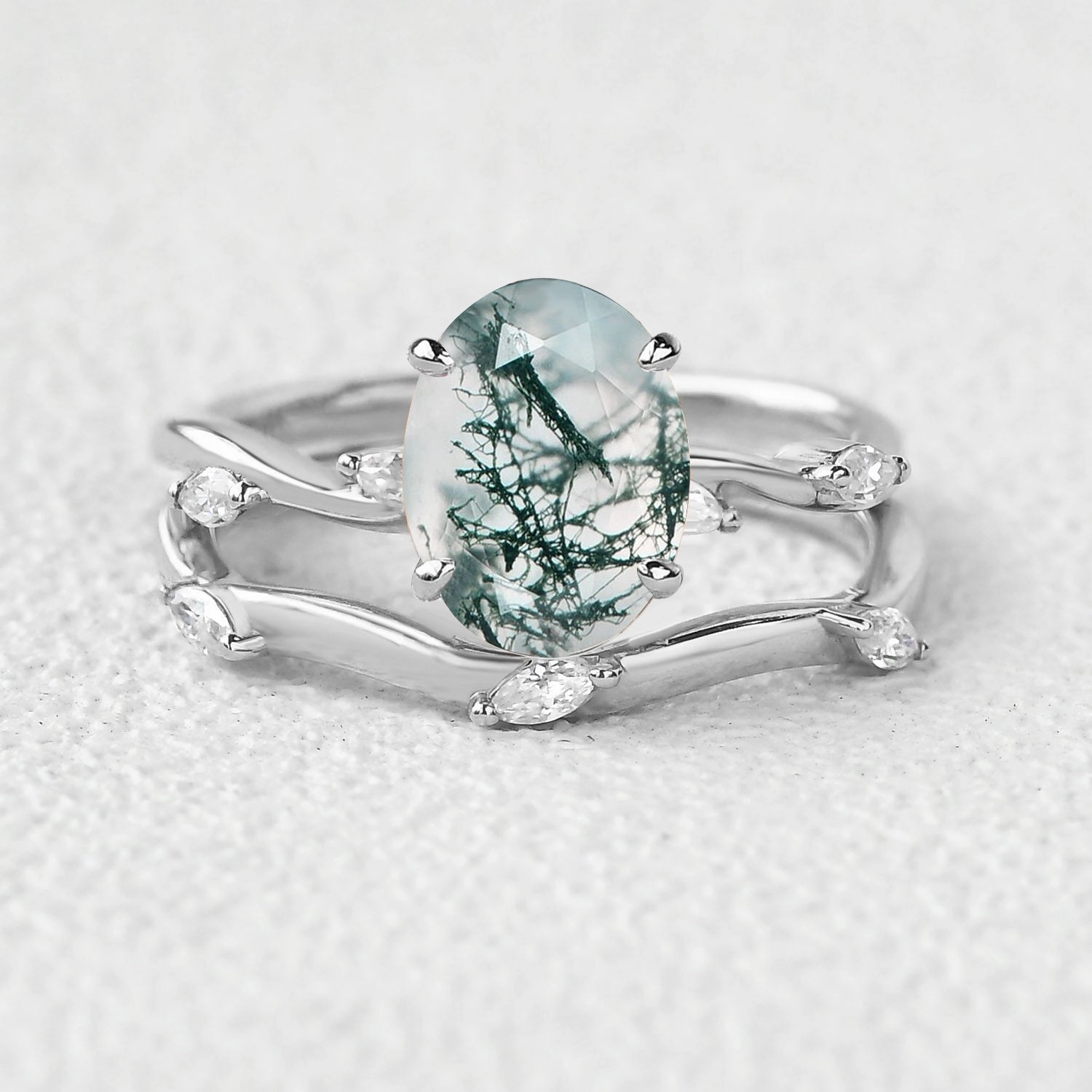 Leaf Marquise Oval Moss Agate Engagement Ring Sets 2pcs Silken Touch Perfect Accent