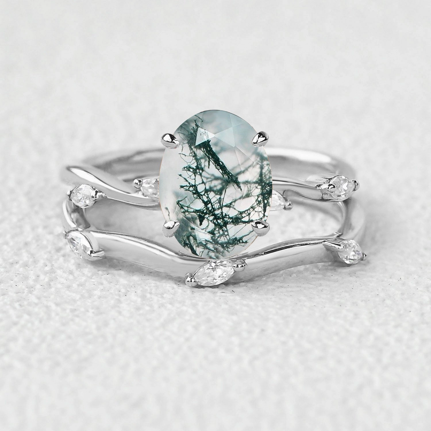 Leaf Marquise Oval Moss Agate Engagement Ring Sets 2pcs Golden Tone