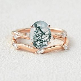 Leaf Marquise Oval Moss Agate Engagement Ring Sets 2pcs Delicate Design Evening Glow