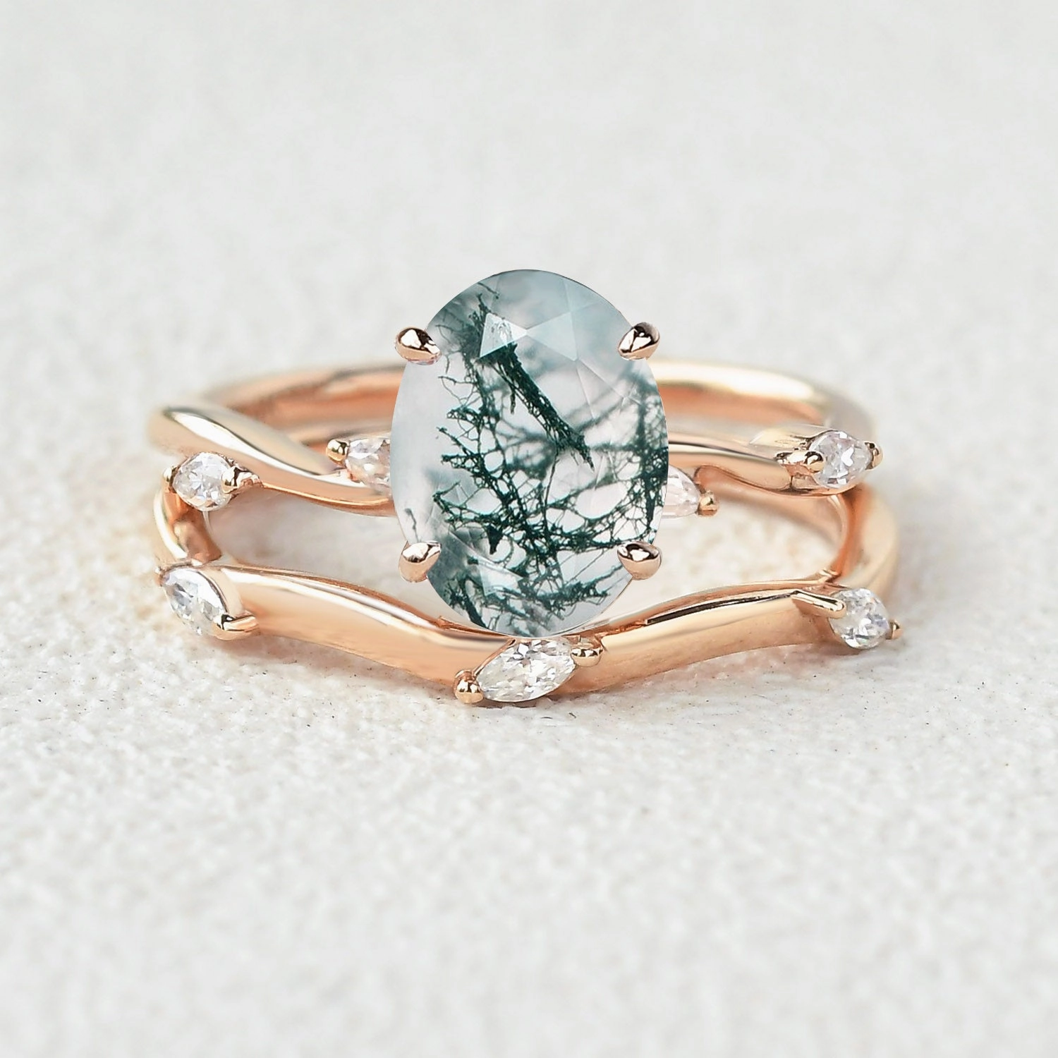 Leaf Marquise Oval Moss Agate Engagement Ring Sets 2pcs Delicate Design Evening Glow