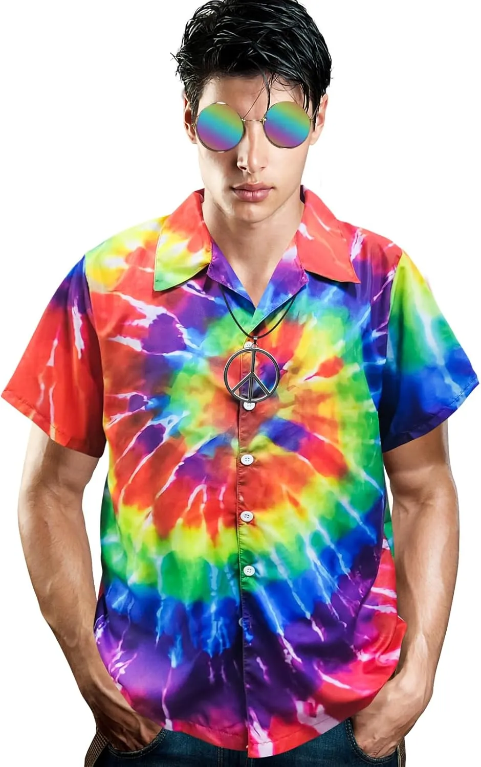Hippie Costume for Men Women 60s and 70s Colorful Tie-Dyed Shirt Sunglasses Headband Peace Necklace 4-Piece
