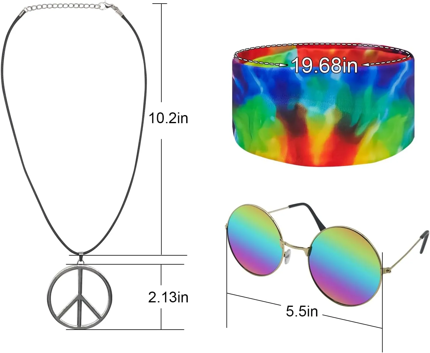 Hippie Costume for Men Women 60s and 70s Colorful Tie-Dyed Shirt Sunglasses Headband Peace Necklace 4-Piece
