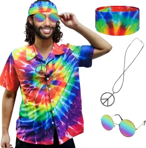 Hippie Costume for Men Women 60s and 70s Colorful Tie-Dyed Shirt Sunglasses Headband Peace Necklace 4-Piece