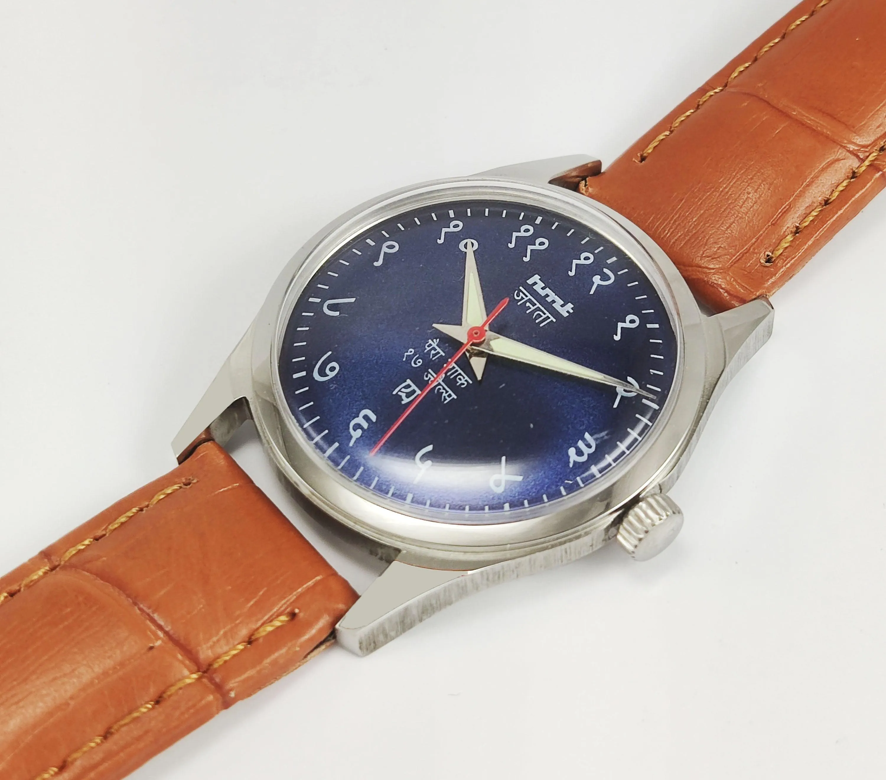 HMT Janata Para Shock 17 Jewels Blue Devanagari Dial Transparent Back Mechanical Hand winding Men's Wrist Watch