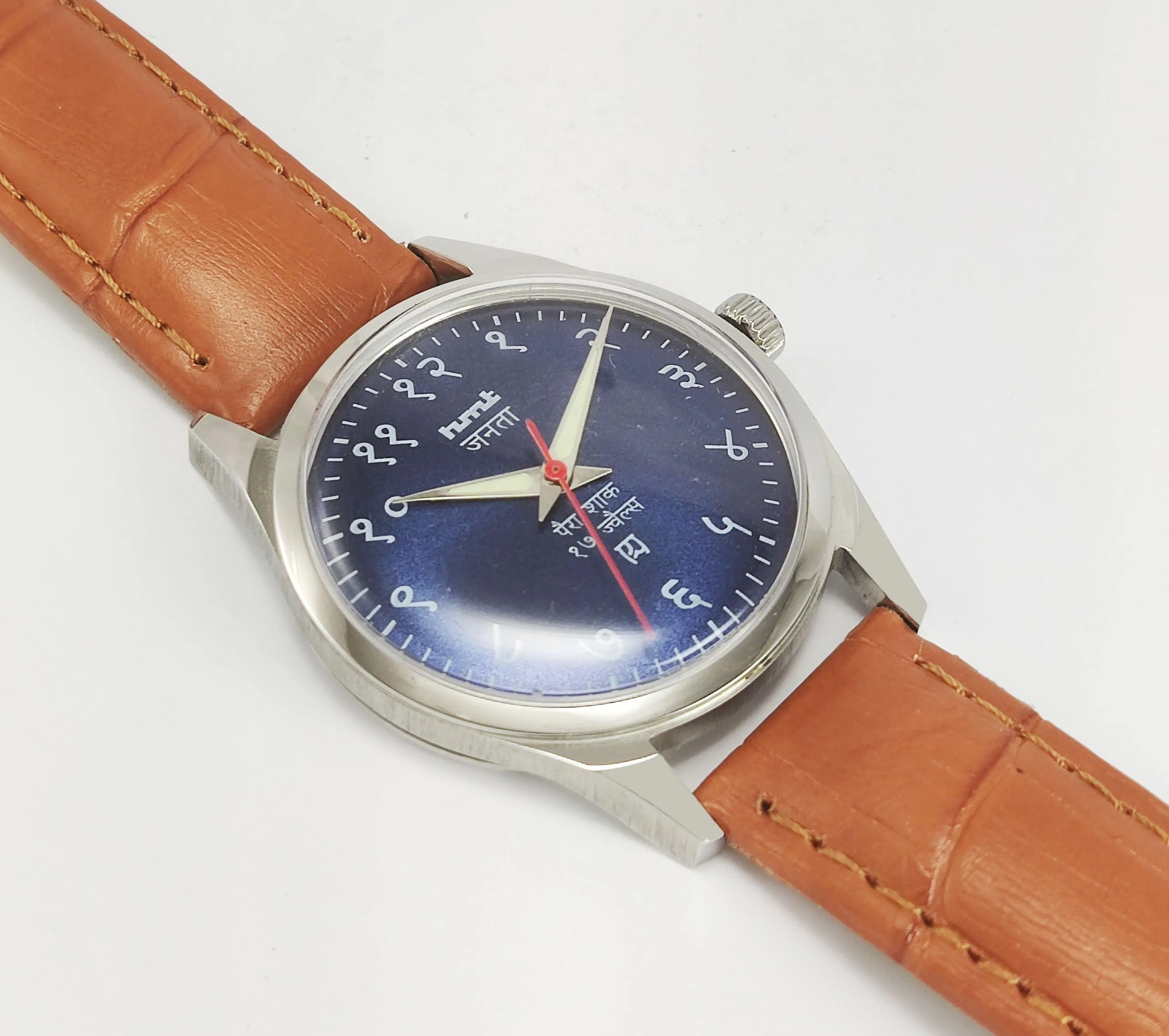 HMT Janata Para Shock 17 Jewels Blue Devanagari Dial Transparent Back Mechanical Hand winding Men's Wrist Watch