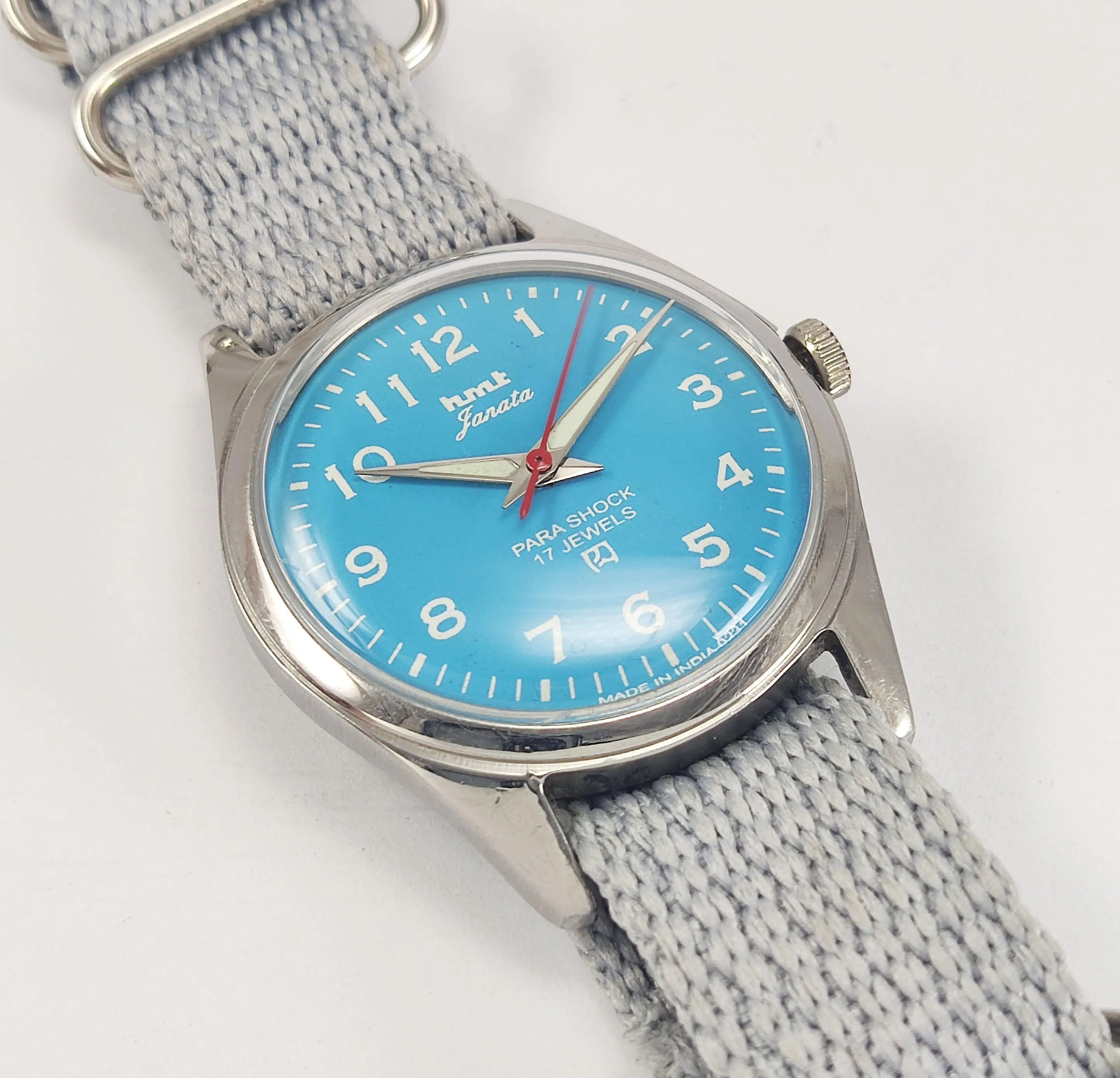 HMT Janata Para Shock 17 Jewels Sky Blue Dial Radium Hands Mechanical Hand winding Men's Wrist Watch