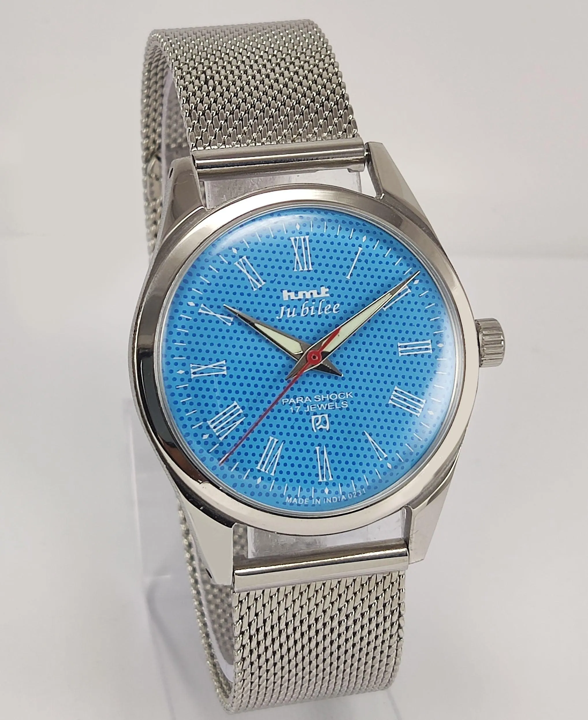 HMT Jubilee Para Shock 17 Jewels Sky Blue Dial Radium Hands Mechanical Hand winding Men's Wrist Watch