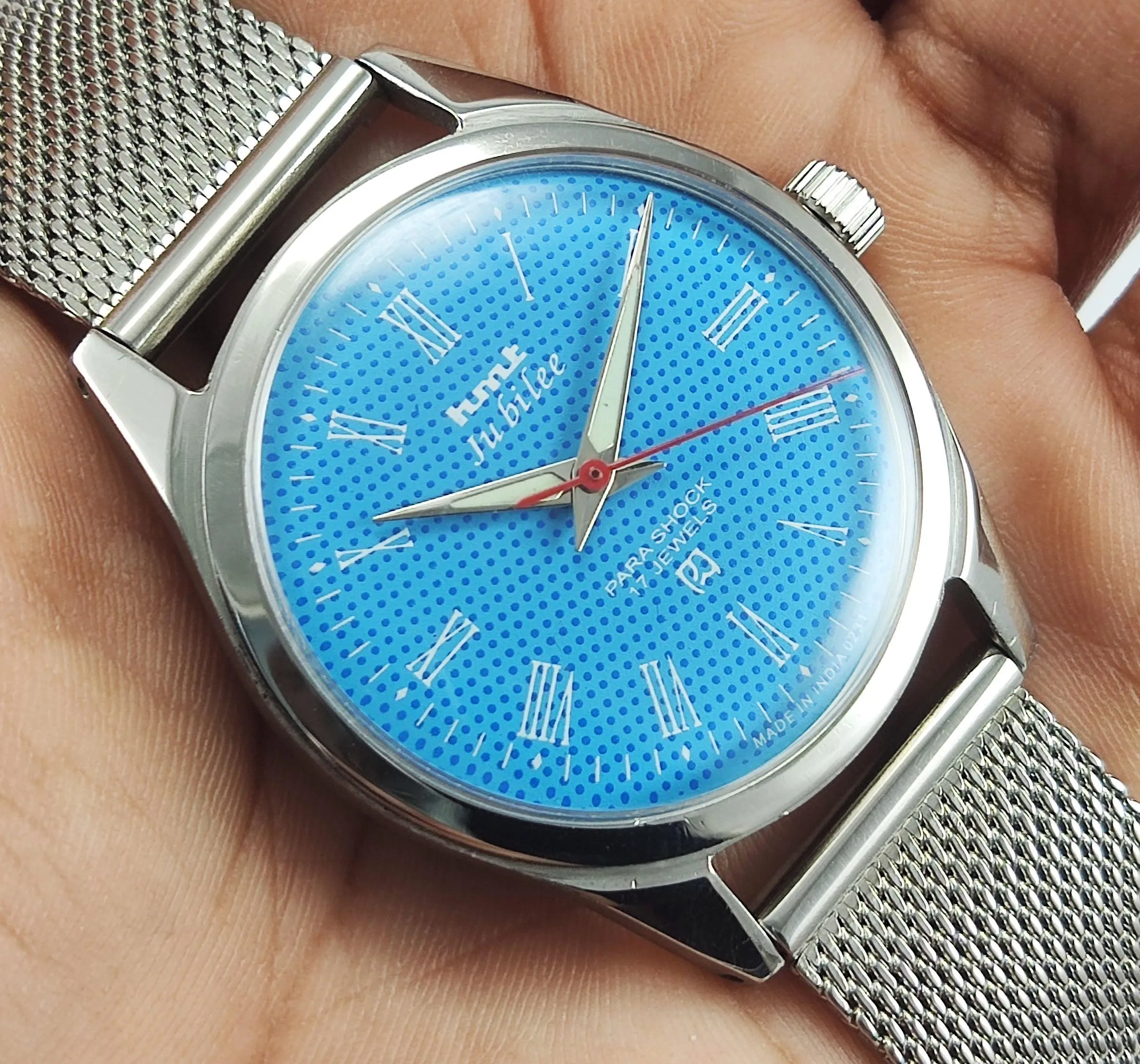 HMT Jubilee Para Shock 17 Jewels Sky Blue Dial Radium Hands Mechanical Hand winding Men's Wrist Watch