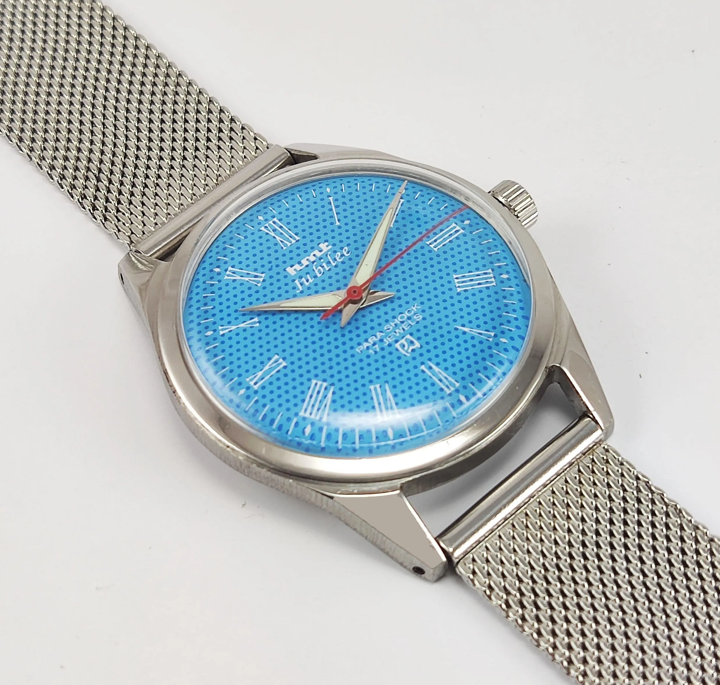 HMT Jubilee Para Shock 17 Jewels Sky Blue Dial Radium Hands Mechanical Hand winding Men's Wrist Watch