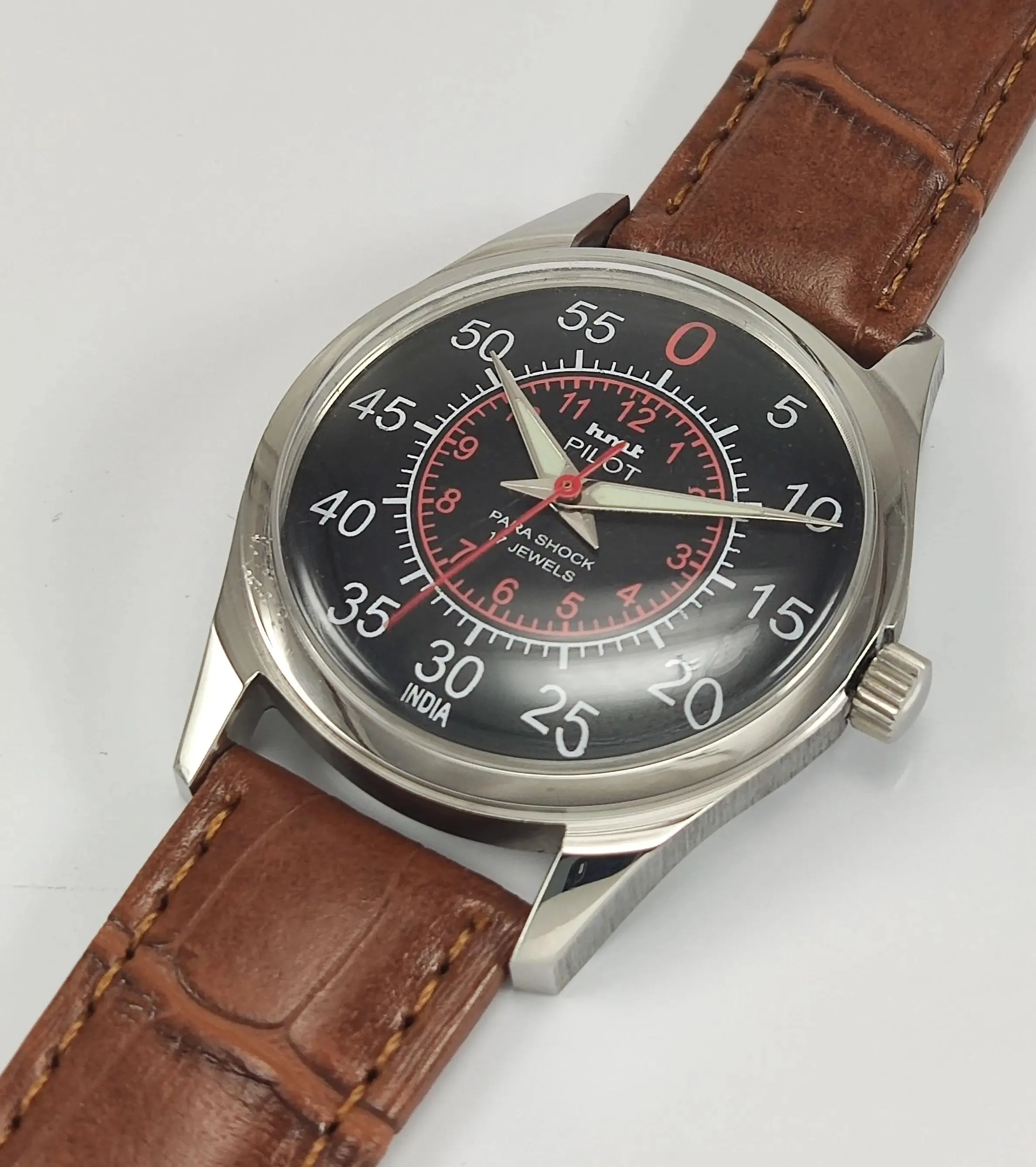 HMT Pilot Para Shock 17 Jewels Radium Hands Black Dial Transparent Back Mechanical Hand winding Men's Wrist Watch