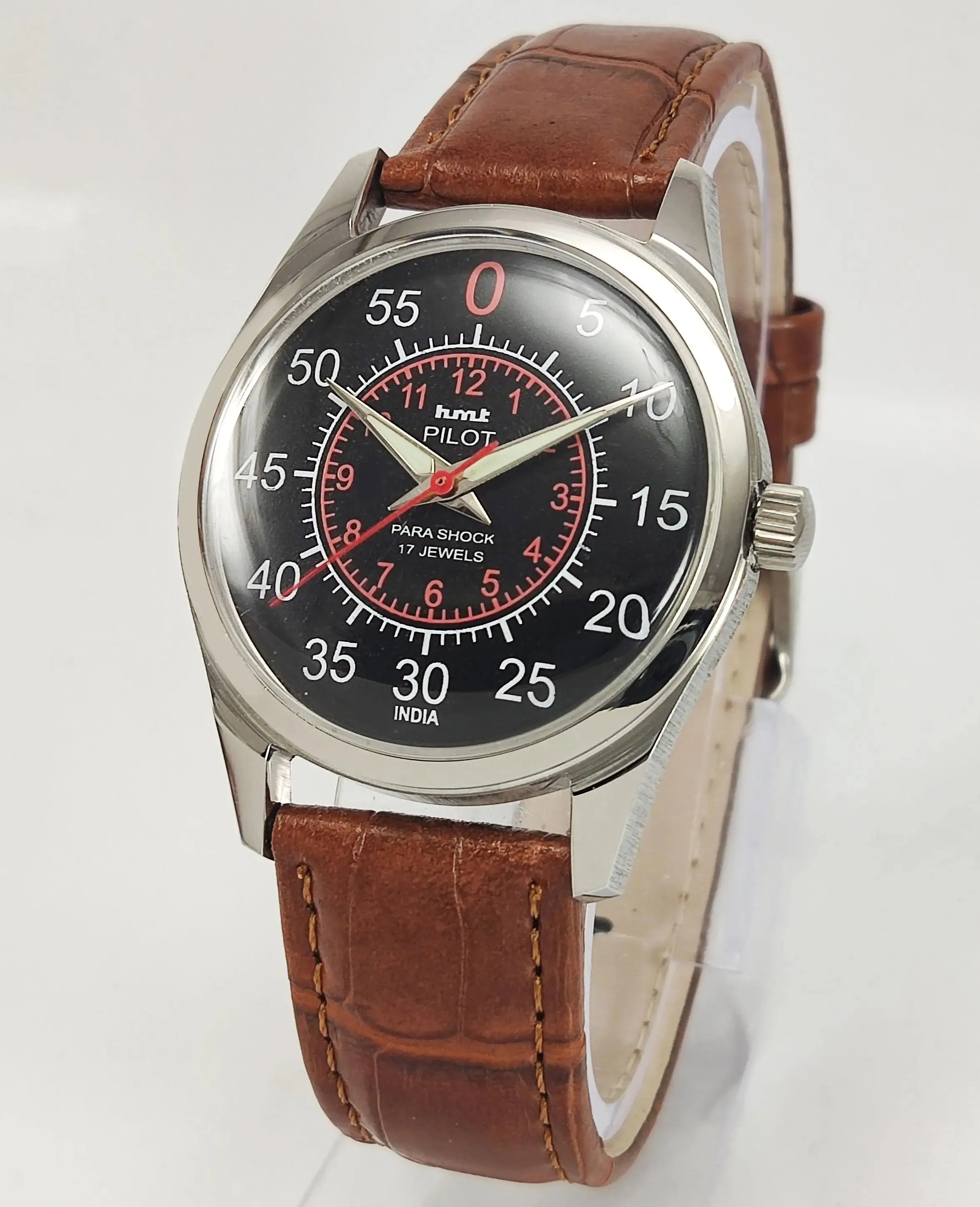 HMT Pilot Para Shock 17 Jewels Radium Hands Black Dial Transparent Back Mechanical Hand winding Men's Wrist Watch