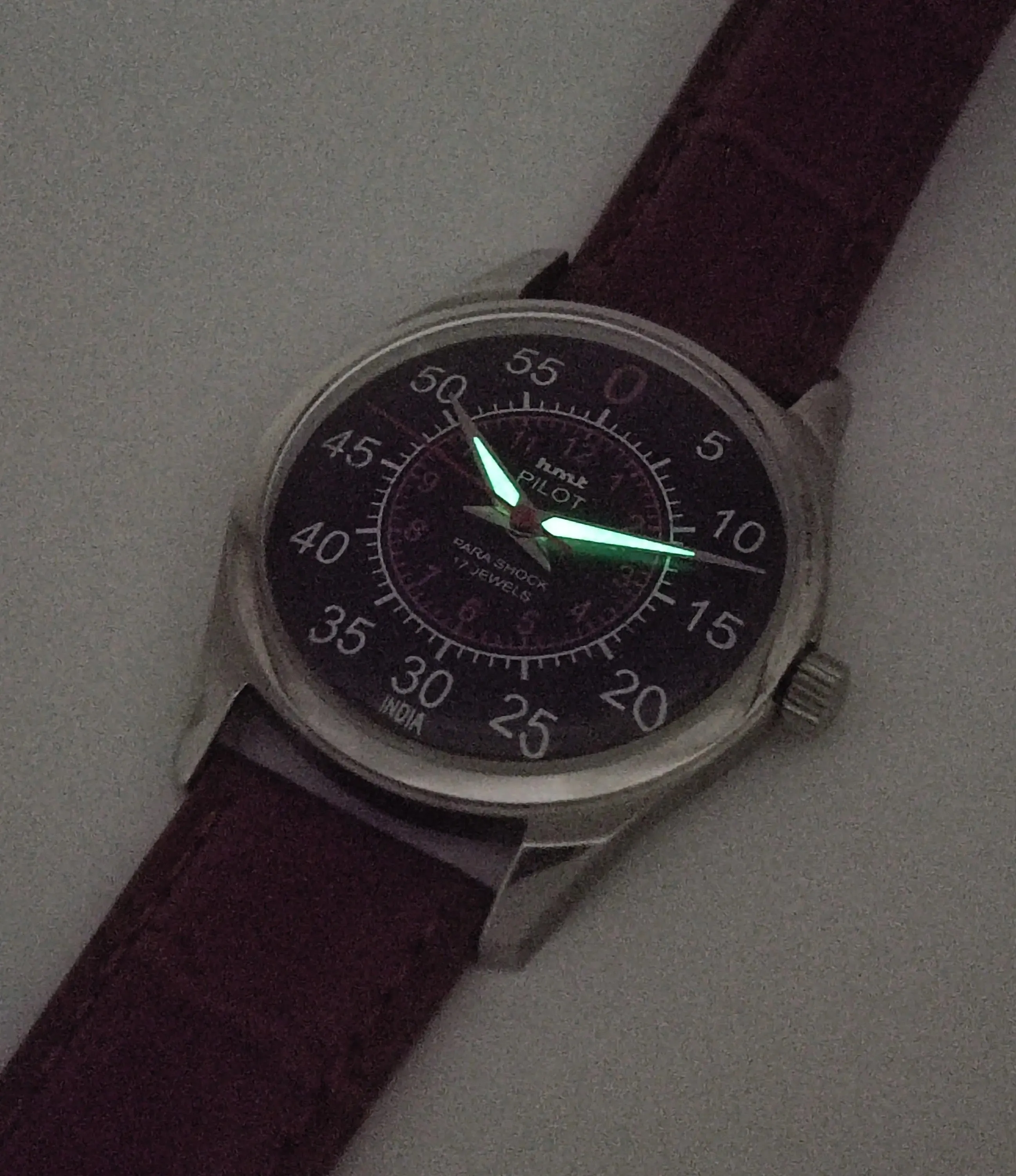 HMT Pilot Para Shock 17 Jewels Radium Hands Black Dial Transparent Back Mechanical Hand winding Men's Wrist Watch