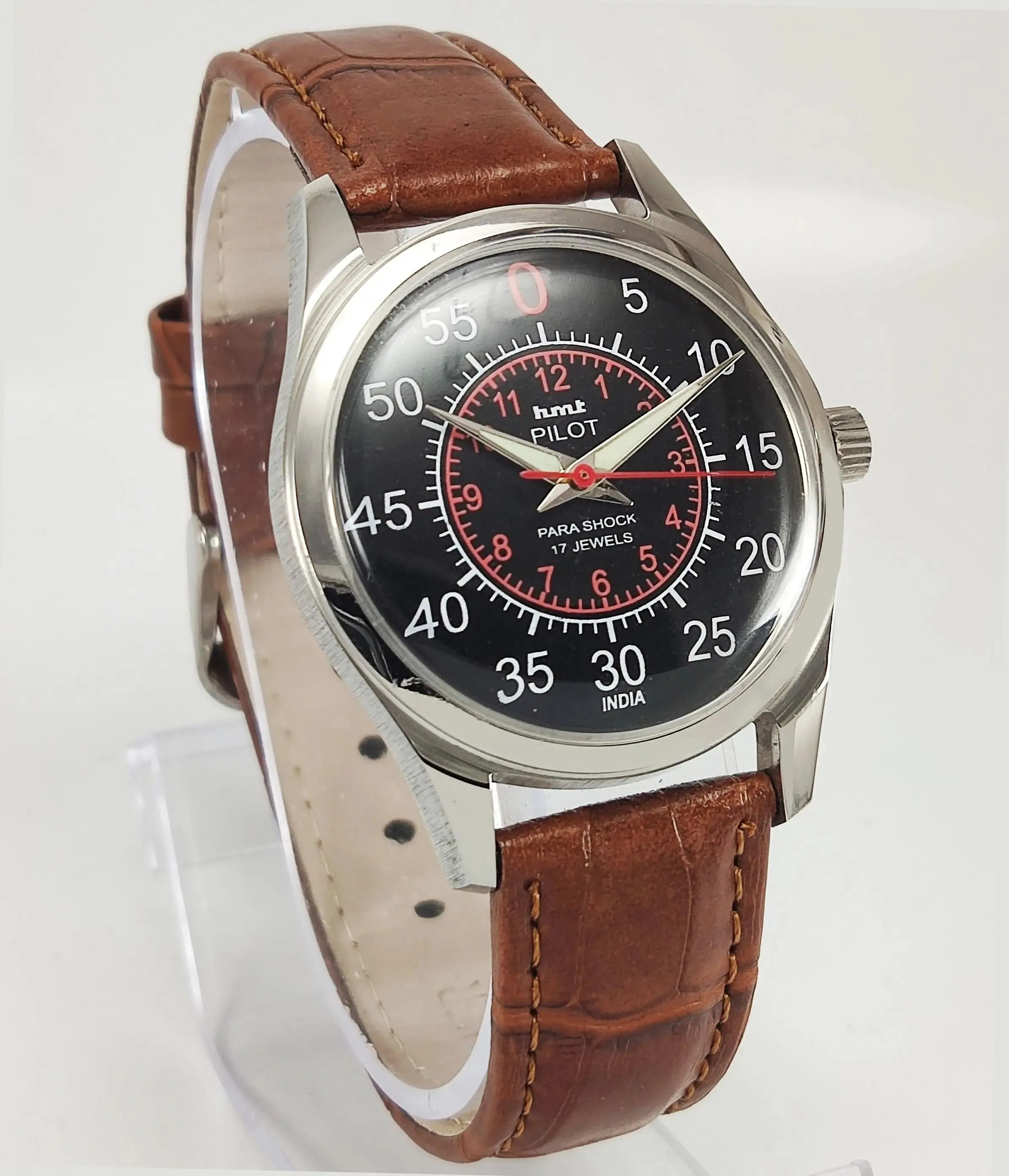 HMT Pilot Para Shock 17 Jewels Radium Hands Black Dial Transparent Back Mechanical Hand winding Men's Wrist Watch