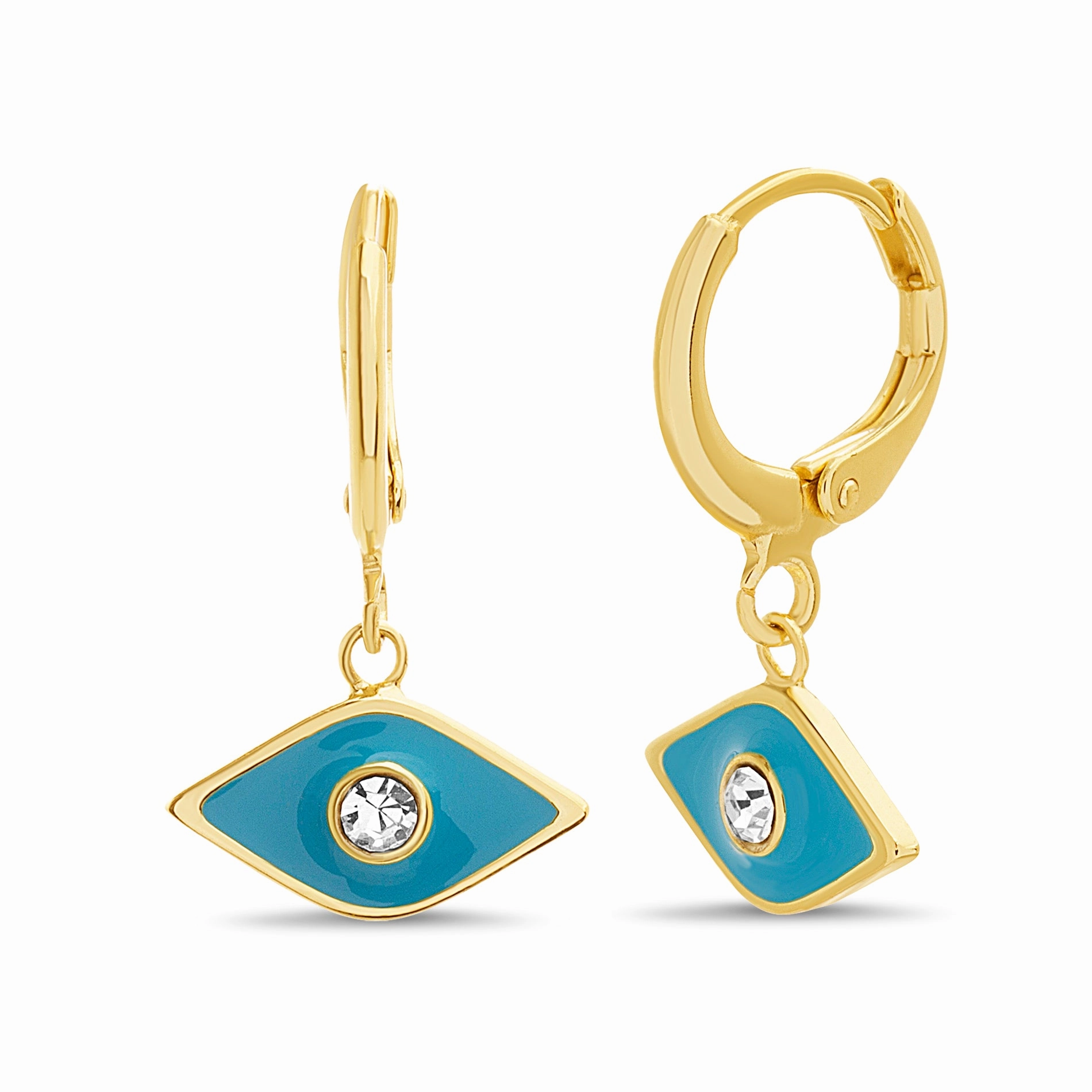 Oval Ornament Stunning Adornment Lesa Michele Turquoise Enamel Cubic Zirconia Center Dangle Evil Eye Hoop Earrings in Yellow Gold Plated Sterling Silver