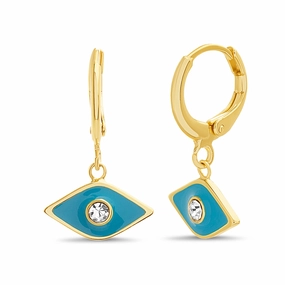 Oval Ornament Stunning Adornment Lesa Michele Turquoise Enamel Cubic Zirconia Center Dangle Evil Eye Hoop Earrings in Yellow Gold Plated Sterling Silver