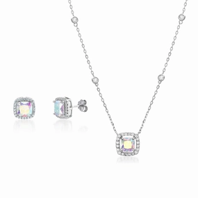 Beautiful Appearance Lesa Michele Cubic Zirconia & Aurora Borealis Cushion Pendant & Stud Gift Earring Set for Women in 925 Sterling Silver