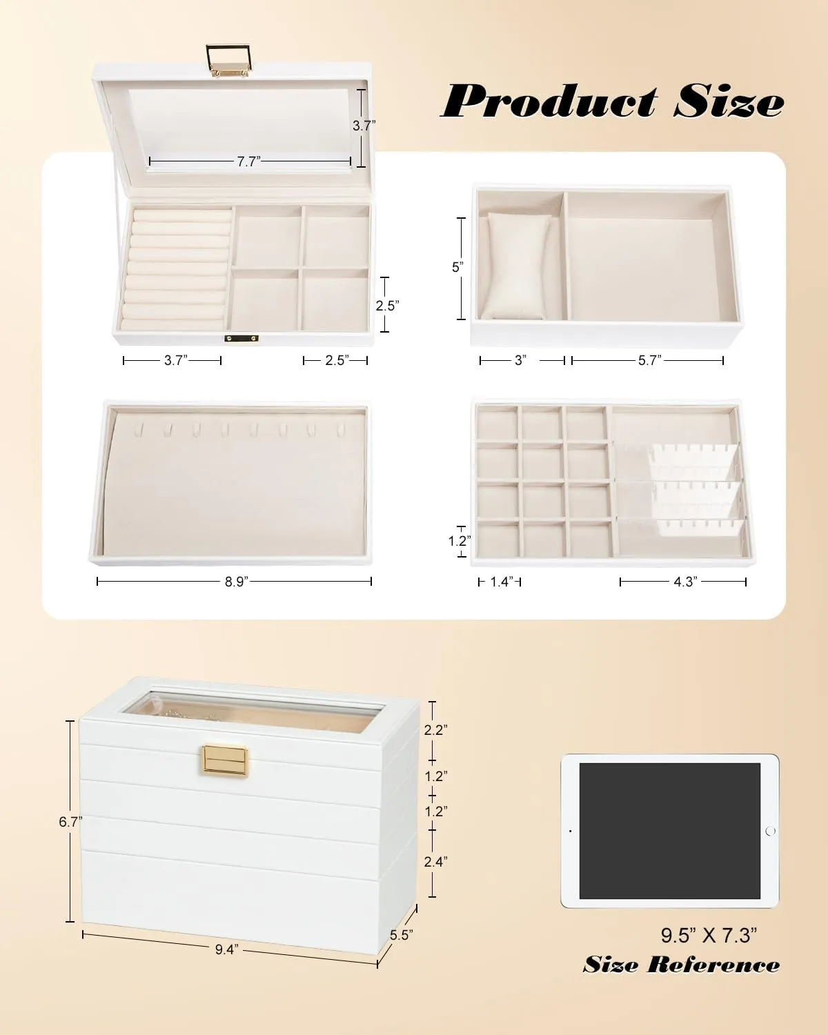 Homde Jewelry Tray Stackable Jewelry Box Drawer Organizer with Glass Lid, Removable Dividers for Vanity Table Gift Idea for Girls and Women (White)