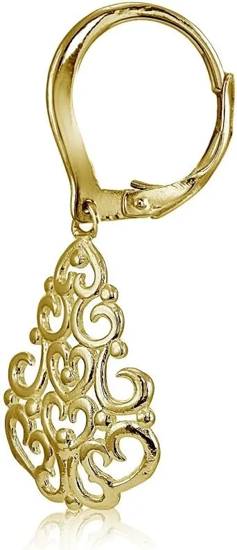 Hoops & Loops 925 Sterling Silver 37mm Chandelier Filigree Dangle Leverback Earrings for Women, Silver, Yellow Gold, Rose Gold