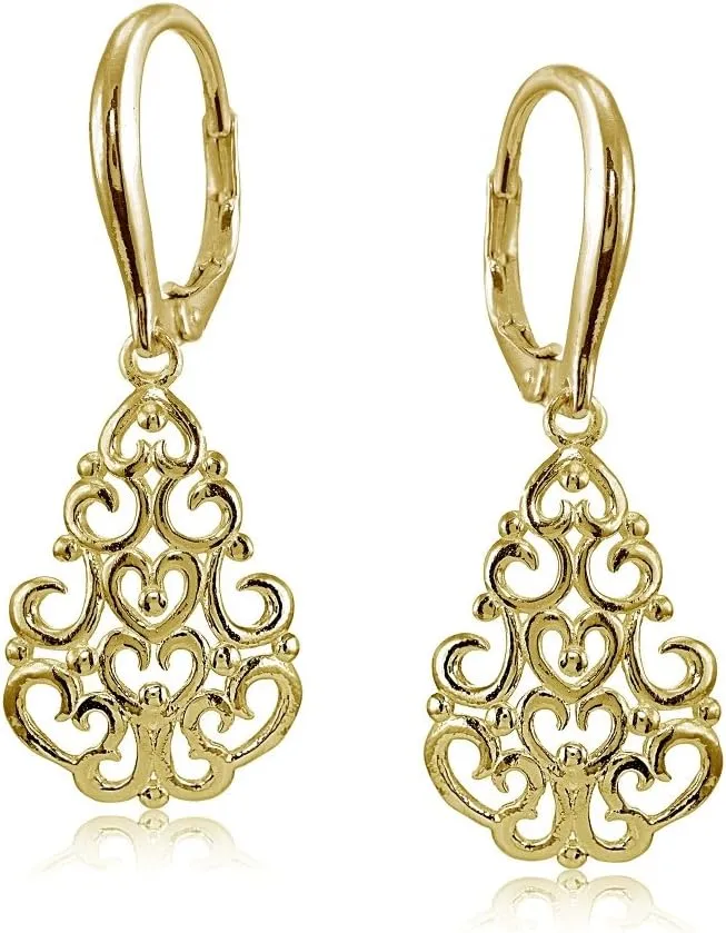 Hoops & Loops 925 Sterling Silver 37mm Chandelier Filigree Dangle Leverback Earrings for Women, Silver, Yellow Gold, Rose Gold