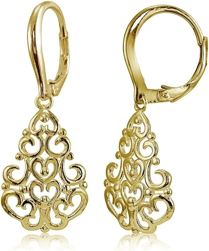 Hoops & Loops 925 Sterling Silver 37mm Chandelier Filigree Dangle Leverback Earrings for Women, Silver, Yellow Gold, Rose Gold