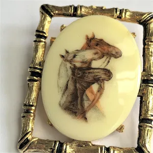 Horses Framed Vintage Brooch