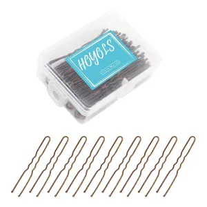 Hoyols U Shaped Hair Pins Brown, Metal Curved Curly Waved Bun Clips Bobby Pins Brown for Women Hair Accessories Decorative Buns Girls Grips Hairstyle with Case, 100 Count (Brown)