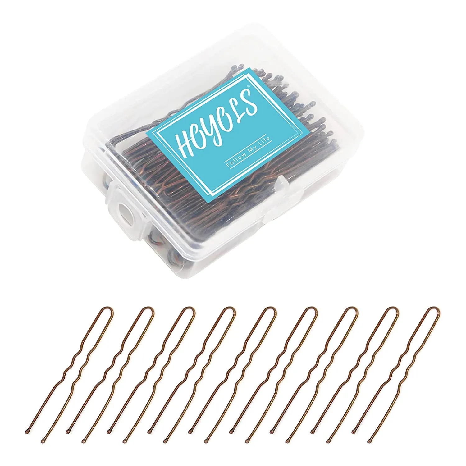Hoyols U Shaped Hair Pins Brown, Metal Curved Curly Waved Bun Clips Bobby Pins Brown for Women Hair Accessories Decorative Buns Girls Grips Hairstyle with Case, 100 Count (Brown)