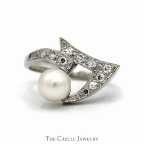 Elegant Aesthetic Curved Open Freeform Pearl Ring with Diamond Accents in 14k White Gold