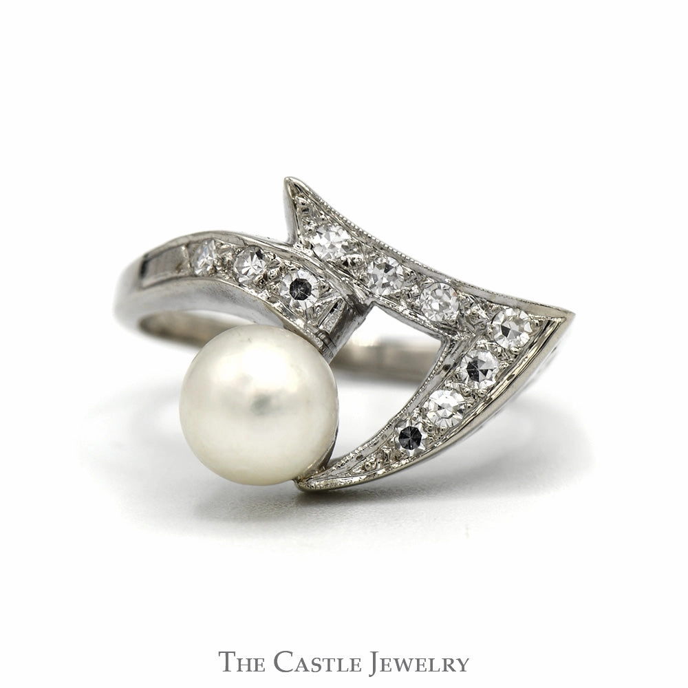 Elegant Aesthetic Curved Open Freeform Pearl Ring with Diamond Accents in 14k White Gold