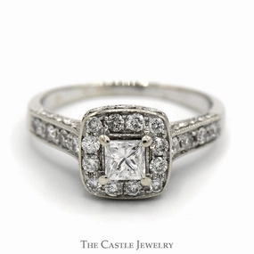Minimalist Craft Princess Cut Diamond Engagement Ring with Square Halo and Accented Sides in 14k White Gold Cathedral Mounting