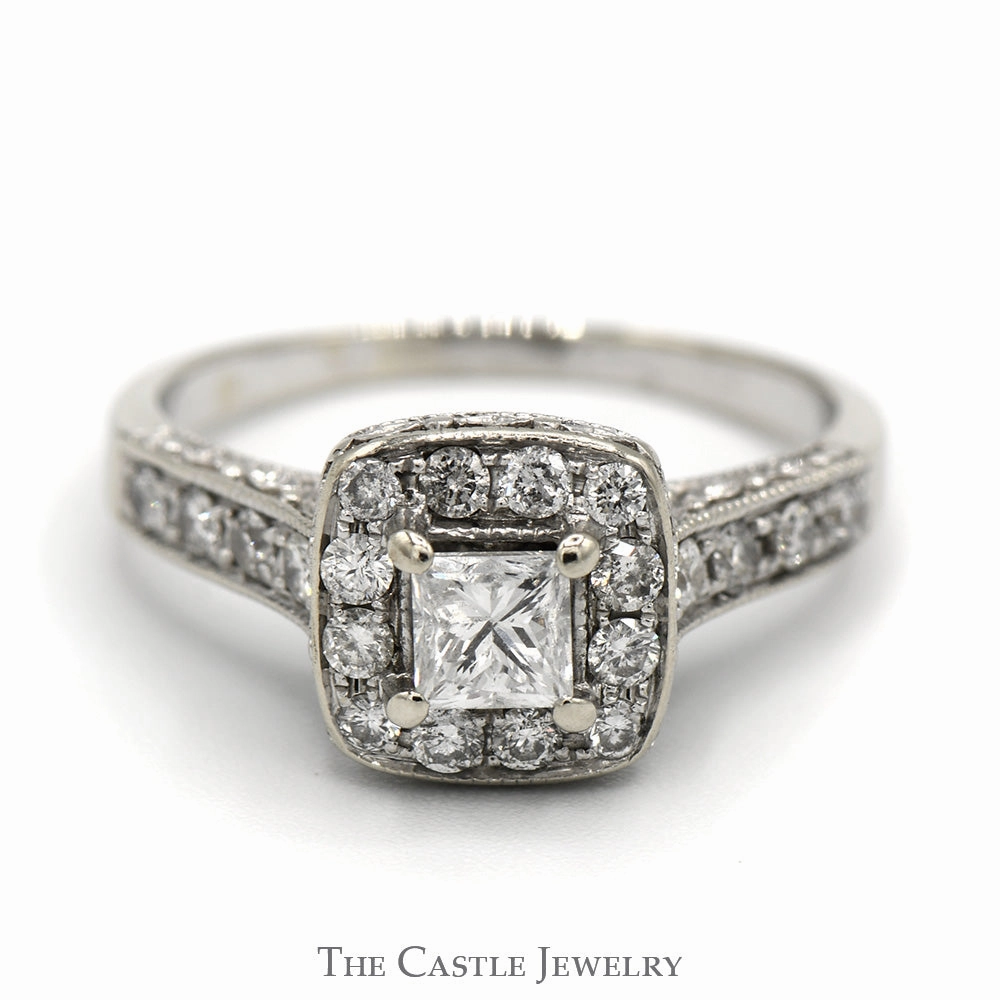 Princess Cut Diamond Engagement Ring with Square Halo and Accented Sides in 14k White Gold Cathedral Mounting Lightweight Item Modern Touch