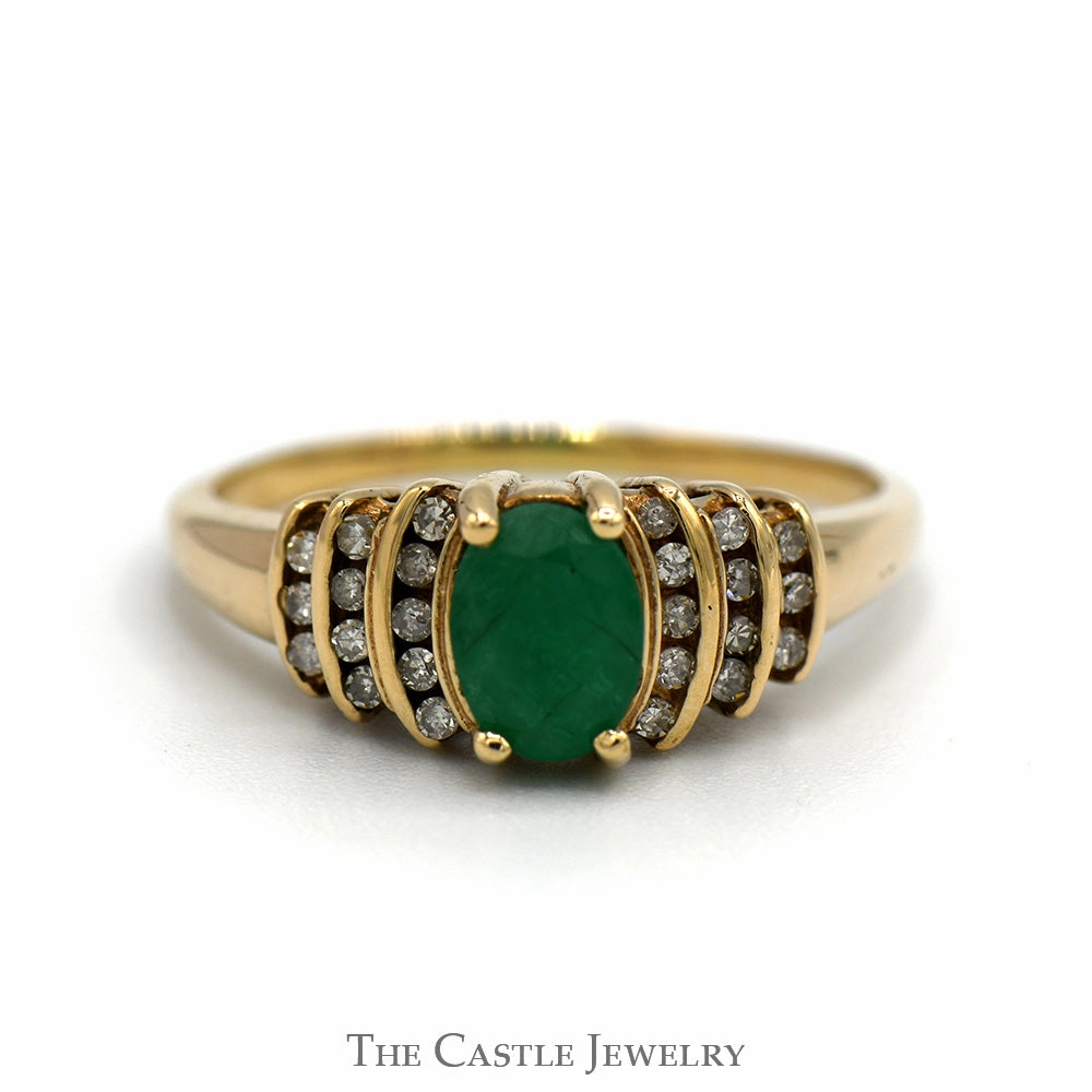 Unique Jewelry Anniversary Choice Vintage Style Oval Cut Emerald Ring with Channel Set Diamond Accents in 10k Yellow Gold