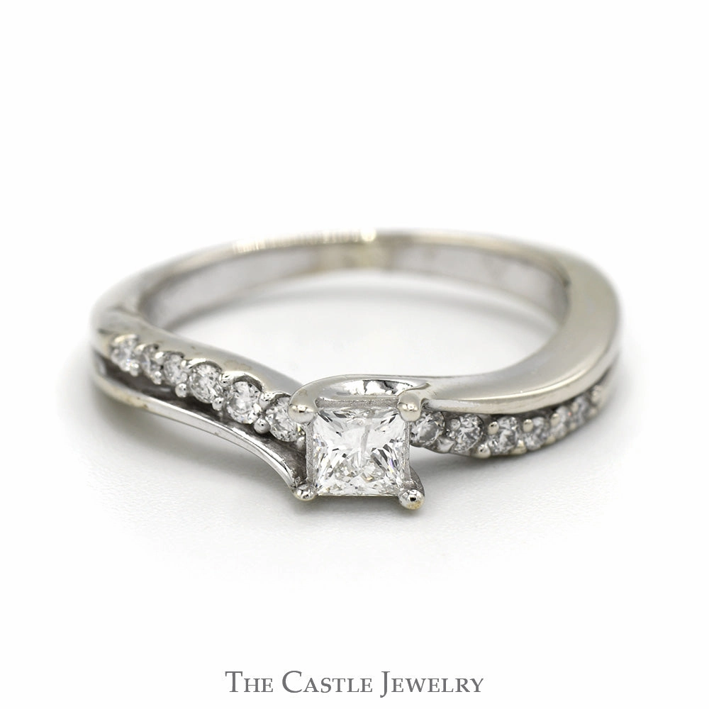 1/2cttw Princess Cut Diamond Solitaire with Round Diamond Accents in 14k White Gold Romantic Ornament Fine Design
