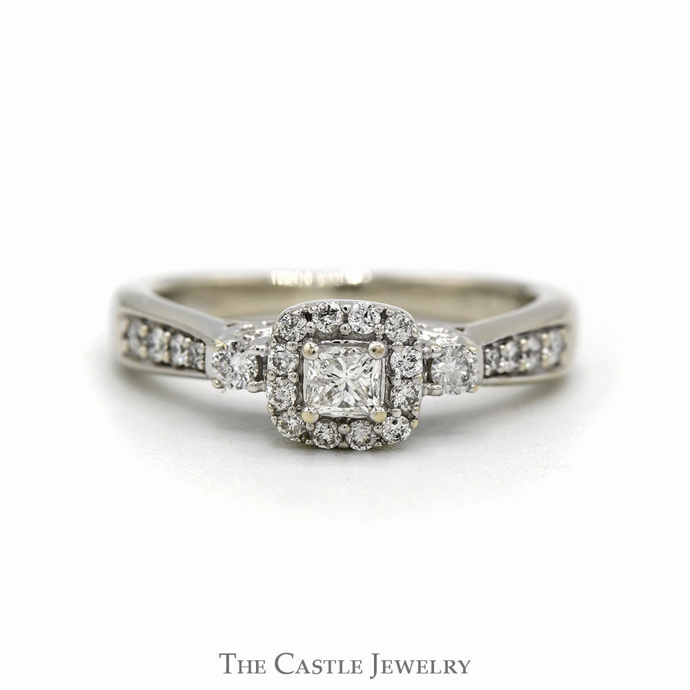 1/2cttw Princess Cut Diamond Engagement Ring with Diamond Halo and Accented Sides in 14k White Gold All Year Gala Event