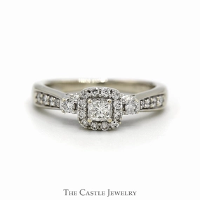 1/2cttw Princess Cut Diamond Engagement Ring with Diamond Halo and Accented Sides in 14k White Gold All Year Gala Event