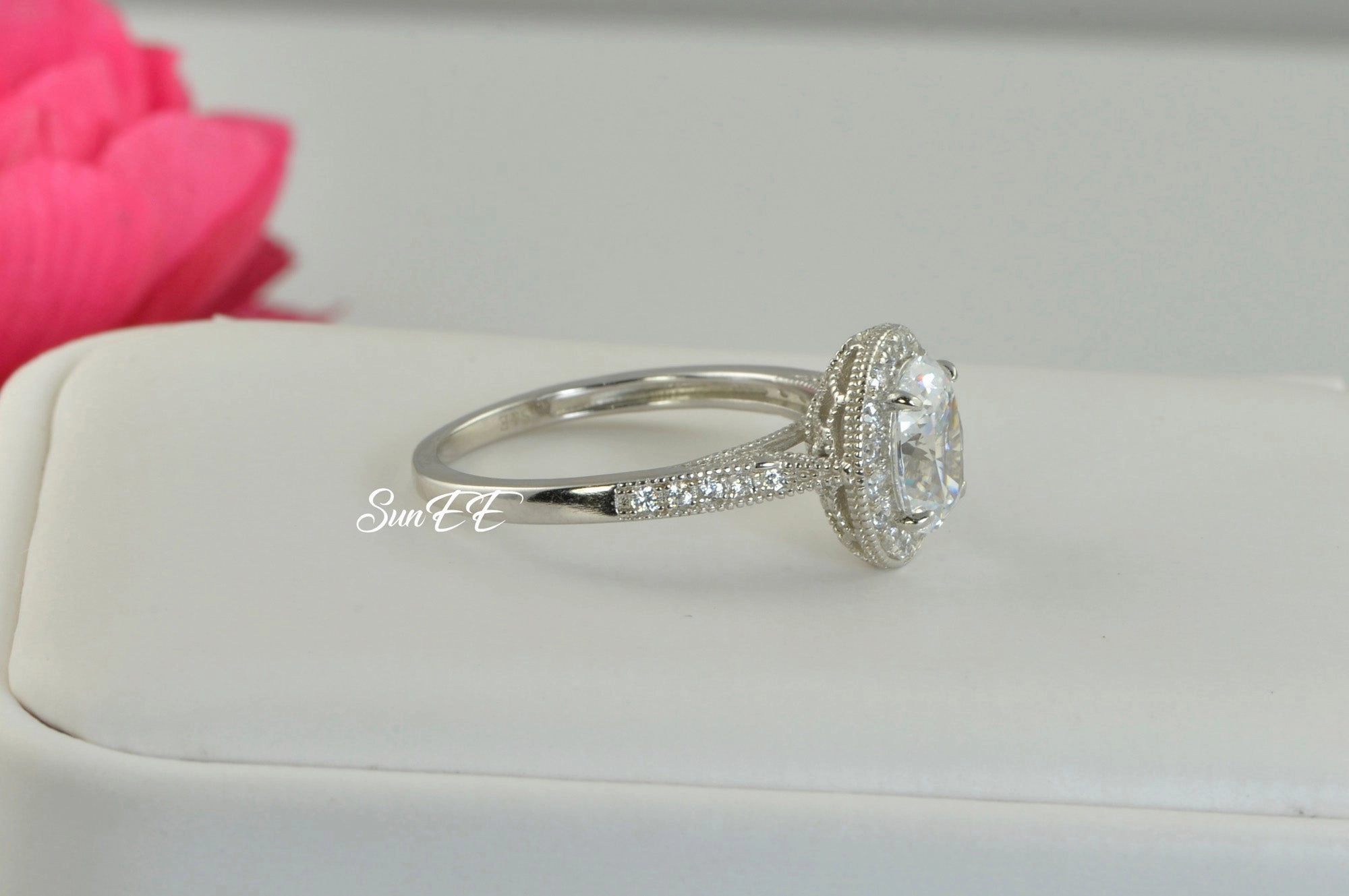 2.81 Total Carat Weight Halo Oval Cut Wedding Engagement Ring Diamond Simulated 925 Sterling Silver Anniversary Ring SKU:00154 Wonderful Craft