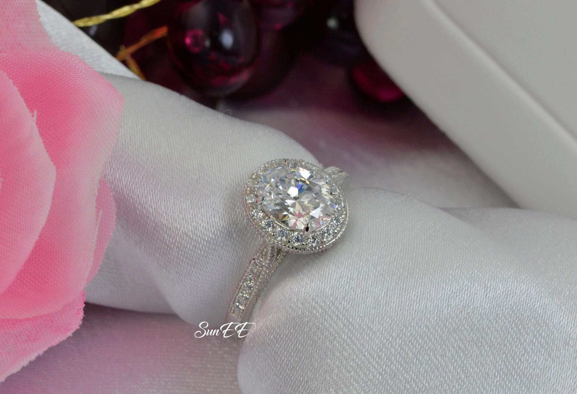 Durable Ornament Minimal Detail 2.81 Total Carat Weight Halo Oval Cut Wedding Engagement Ring Diamond Simulated 925 Sterling Silver Anniversary Ring SKU:00154