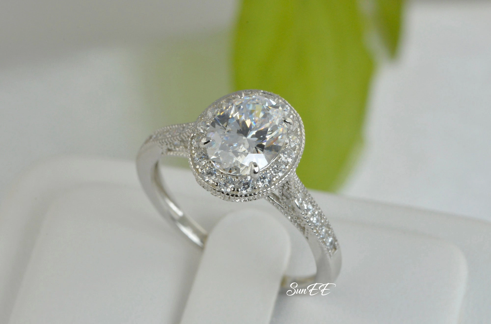 Processed Item Modern Accessory 2.81 Total Carat Weight Halo Oval Cut Wedding Engagement Ring Diamond Simulated 925 Sterling Silver Anniversary Ring SKU:00154