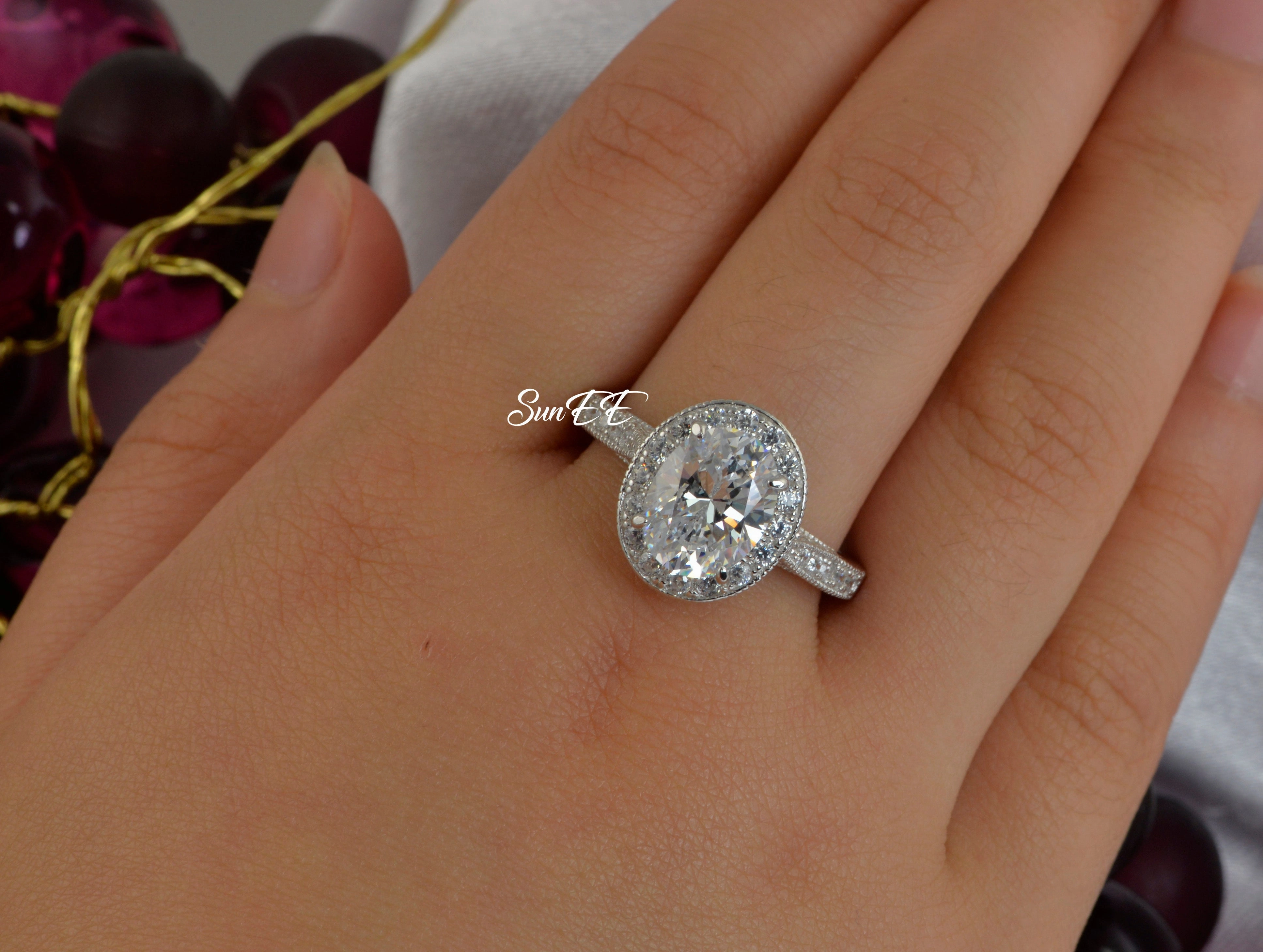 DIY Maintenance 2.81 Total Carat Weight Halo Oval Cut Wedding Engagement Ring Diamond Simulated 925 Sterling Silver Anniversary Ring SKU:00154